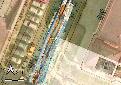 Fig. 4. Ortofotoplan cu structurile arheologice surprinse în S III și aparținând laturii interioare de vest a hanului
Șerban Vodă; se pot observa zidurile de compartimentare a camerelor.